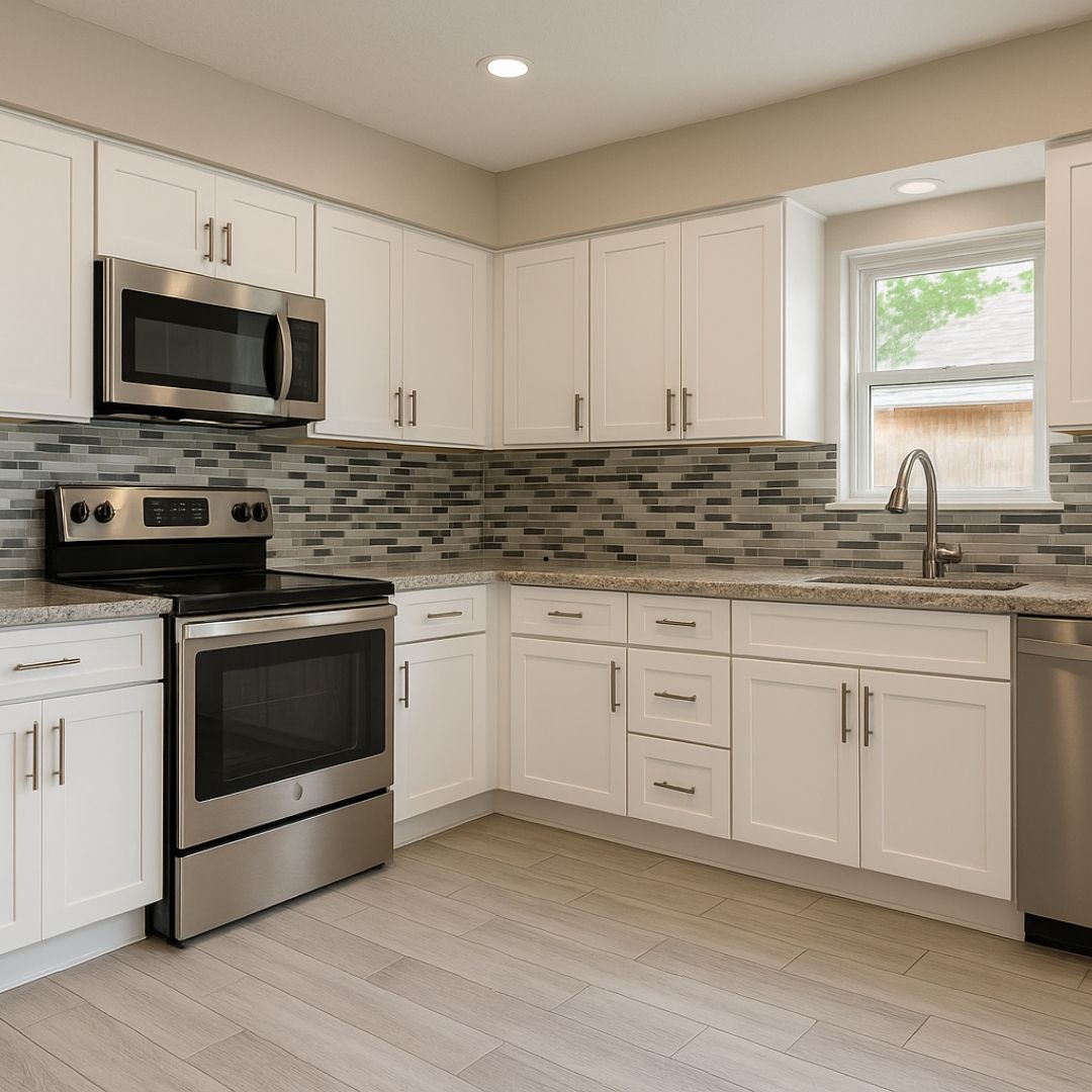 After kitchen remodeling in Houston with white cabinets and modern backsplash