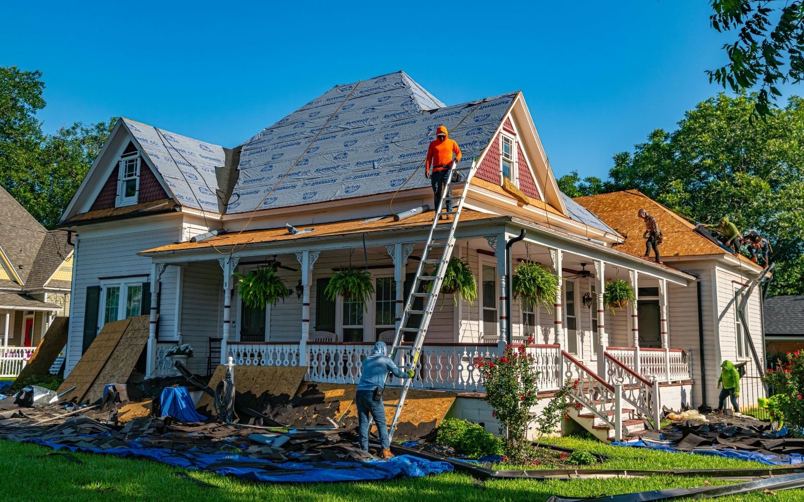 Detail of new roofing shingles and flashing on a Houston home